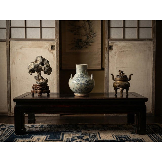 Asian Vintage Fade Gray White Pale Blue Floral Graphic Ceramic Vase For Sale - Image 3 of 11