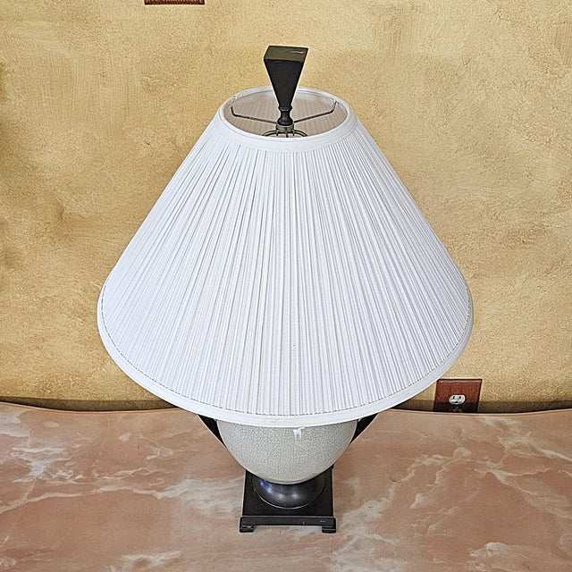 Ashley Gavivi Style Crackle-Glaze Ceramic Urn & Bronze Scroll Table Lamp For Sale - Image 4 of 18