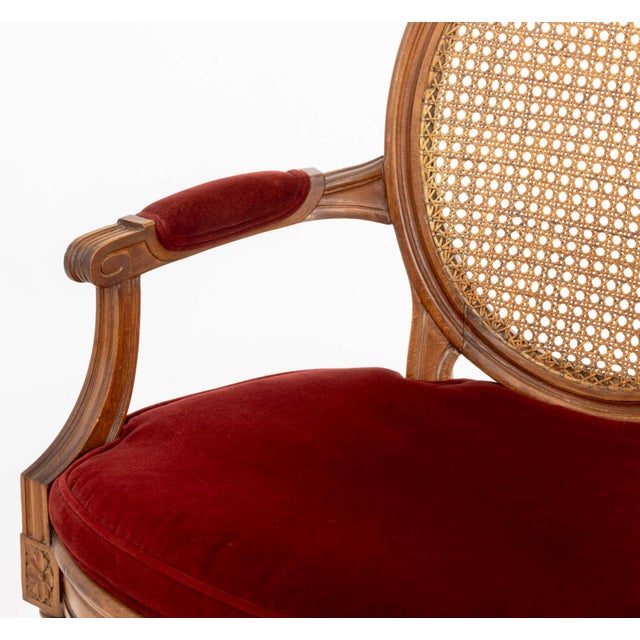 Pair of Louis XVI Style Red Velvet Upholstered Cane Paneled Walnut Fauteuils For Sale - Image 13 of 13