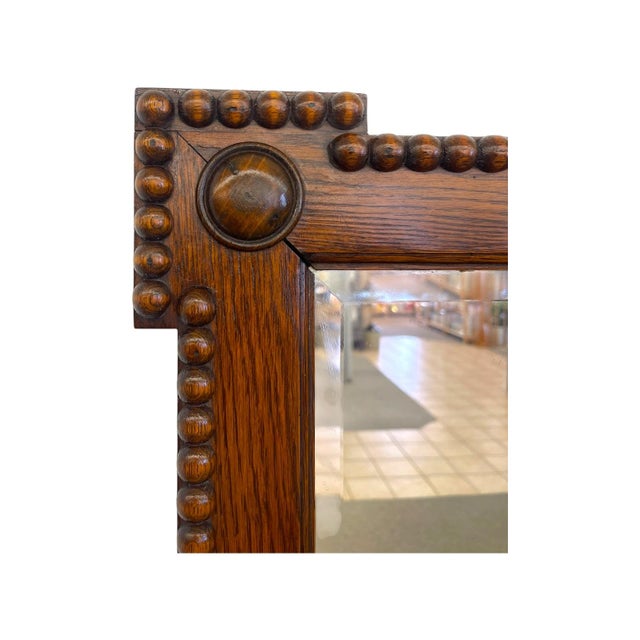 Antique Bobbin Turned Oak Wall Mirror – Arts and Crafts Style Spool Beaded Wood Frame With Beveled Glass For Sale - Image 10 of 10