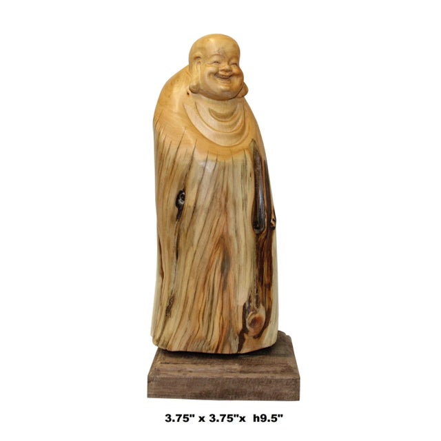 2020s Chinese Cypress Wood Carved Irregular Shape Happy Buddha Statue For Sale - Image 5 of 6