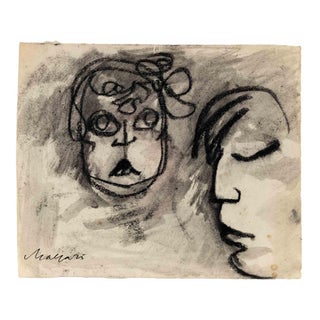Mino Maccari, Portraits, 1960s, Charcoal & Watercolor For Sale