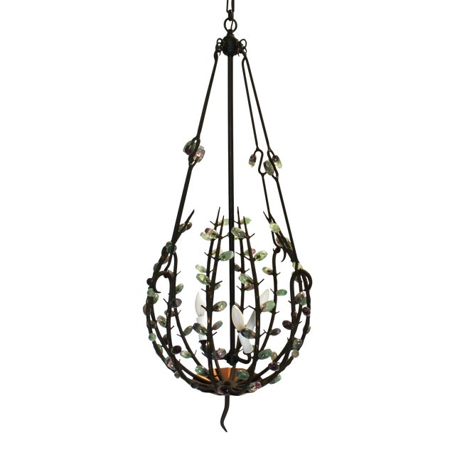 Mid-Century Iron & Semi-Precious Stones Chandelier After Andre Dubrevil For Sale