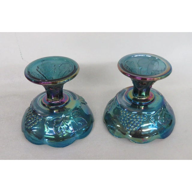 Indiana Glass Company Indiana Carnival Glass Harvest Grape Blue Iridescent Candle Holders a Pair For Sale - Image 4 of 12