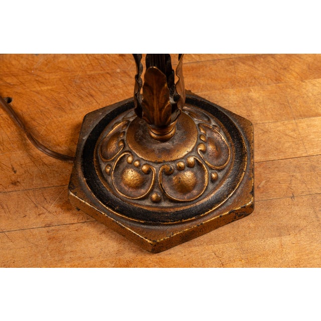 Brass 1900s Art Nouveau Table Lamp With Signed Quezal Art Glass Shade For Sale - Image 8 of 14