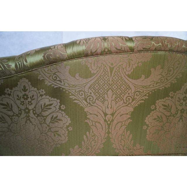 Pair of Custom Curved Back Tufted Damask Sofas Includes Additional Silk Velvet Slipcovers For Sale - Image 16 of 18