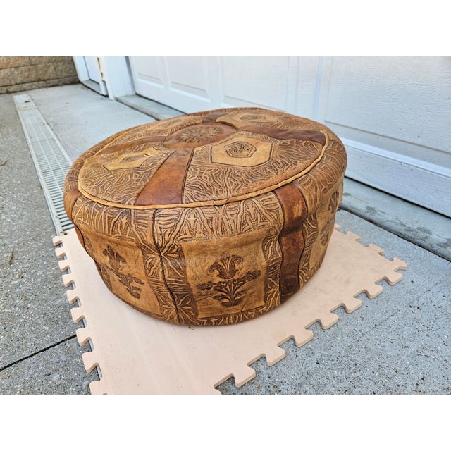Vintage Leather Moroccan Style Pouf Ottoman Footstool For Sale - Image 4 of 13