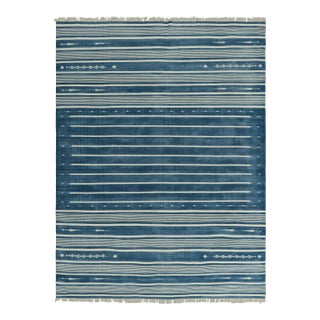 Rug & Kilim's Contemporary Dhurrie Rug in Blue and Off-White Stripes - 12x15 For Sale