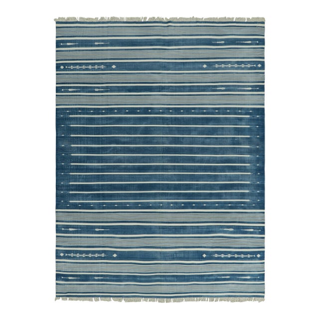 Rug & Kilim's Contemporary Dhurrie Rug in Blue and Off-White Stripes - 12x15 For Sale