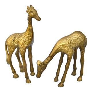 Mid 20th Century Handmade Americana Brass Giraffe Figurines- S/2 For Sale