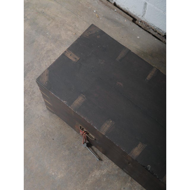 Mid 20th Century Vintage Dark Wood Indian Storage Chest With Brass Plate Joinery and Key For Sale - Image 5 of 7