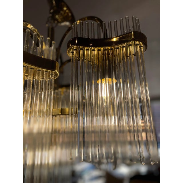 Glass 1970s Vintage Arched Italian Gaetano Sciolari Chandelier With Glass Rods and Brass For Sale - Image 7 of 11