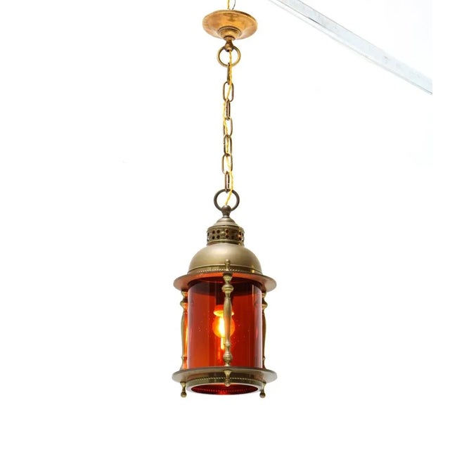 Art Nouveau Patinated Brass Lantern with Original Glass Shade, 1900s For Sale - Image 3 of 10