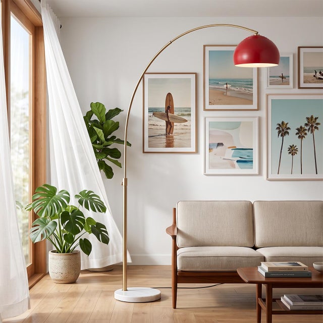 The Half Dome Arc Lamp is a striking Mid-Century Modern lighting piece that combines a weathered brass steel body with a...
