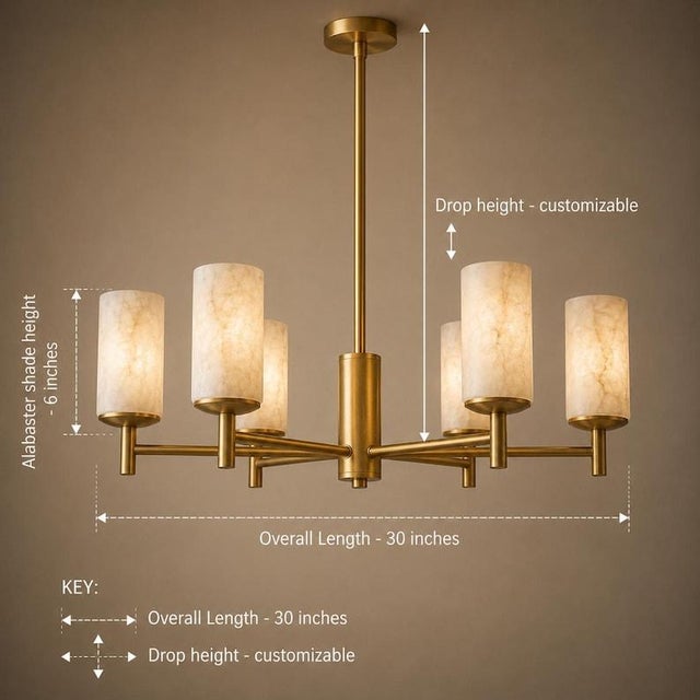 Alabaster 6 Light Alabaster Chandelier, Modern Brass Chandelier, Natural Stone Ceiling Light, Luxury Mid Century Dining Room Lighting For Sale - Image 8 of 9