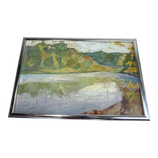 Vintage Original Miniature Abstract Expressive Oil Painting River Landscape Art For Sale