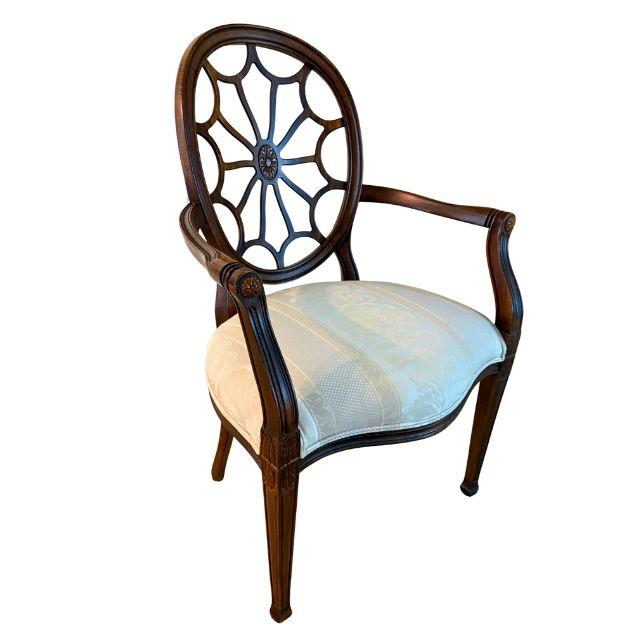 An exceptional Ethan Allen Hepplewhite-style spider back armchair, beautifully upholstered with a linen-white colored...