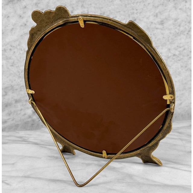 1970s Vintage Art Nouveau Brass Women Round Vanity Table Mirror For Sale - Image 5 of 7