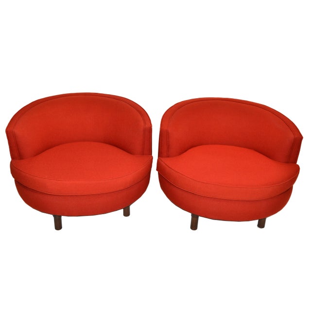 Milo Baughman Style Swivel Chair Walnut Base & Red Italian Bouclé Fabric - Pair For Sale - Image 11 of 13