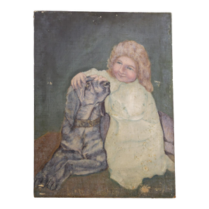 19th Century Portrait Painting of Dog and Child