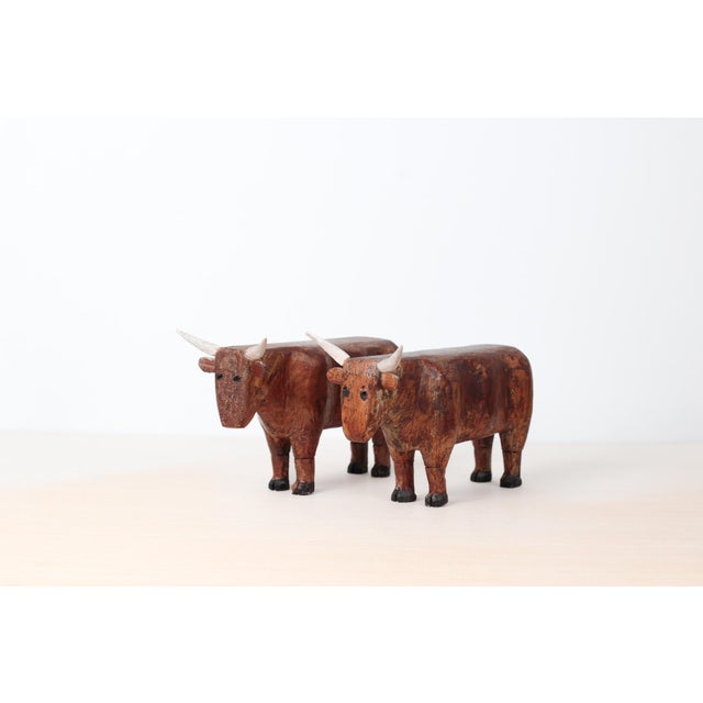 Mid-Century Folk Art Hand-Carved Wooden Bull Sculptures For Sale - Image 15 of 16