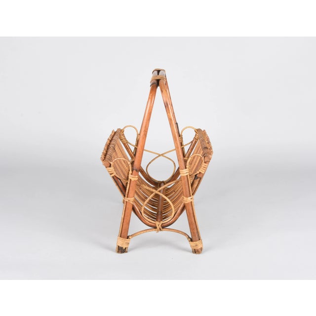 Gold Mid-Century French Riviera Bamboo, Rattan and Wicker Magazine Rack, Italy, 1960s For Sale - Image 8 of 13