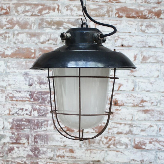 Vintage Industrial Black Enamel & Frosted Glass Pendant Light For Sale - Image 4 of 5