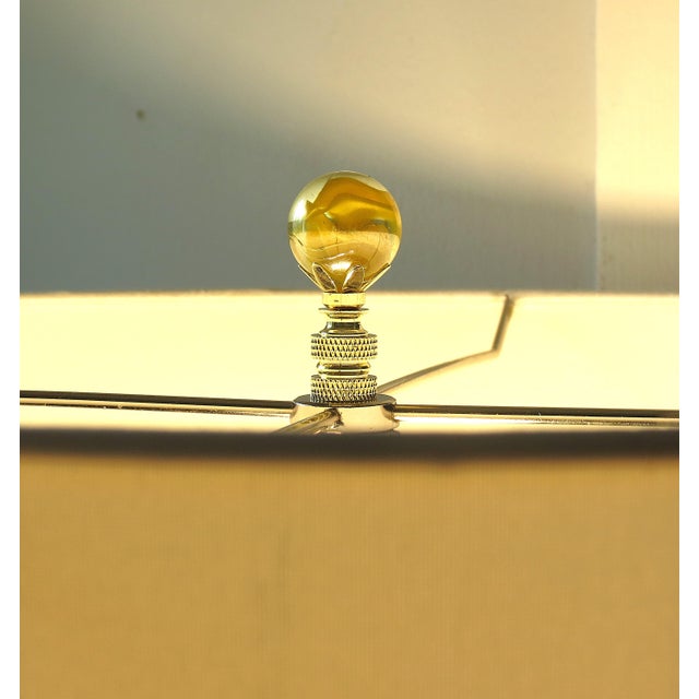 2020s Blown Murano Glass Table Lamp Finials. Cat's Eye Gold, Clear, Swirl Brass Bases, a Pair For Sale - Image 5 of 7