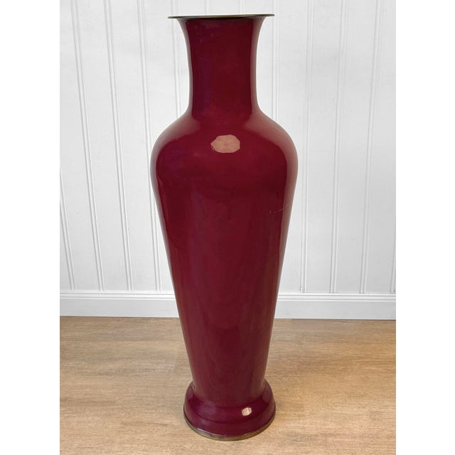 - Original 1970’s Asian Chinoiserie Floor Vase - Monumental Sized - Stands 41" - Solid Brass with Deep Red Enameled Finish...