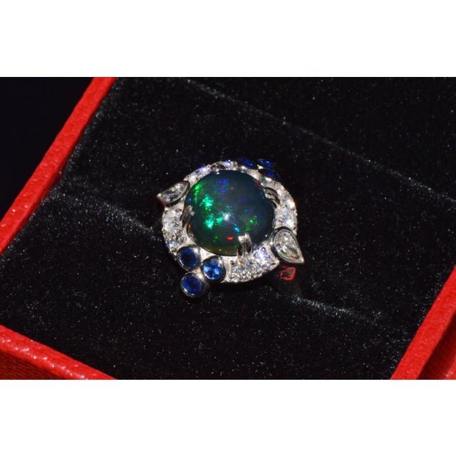 Certified Natural 4.18cts vs F Diamond Opal Sapphire 18k Solid Gold Cocktail Ring, Size 6.75 For Sale - Image 10 of 11