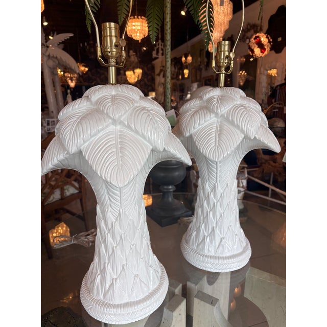 Vtg. Pair Plaster White Lacquered Palm Beach Tree Table Lamps Newly Wired Brass For Sale - Image 10 of 12