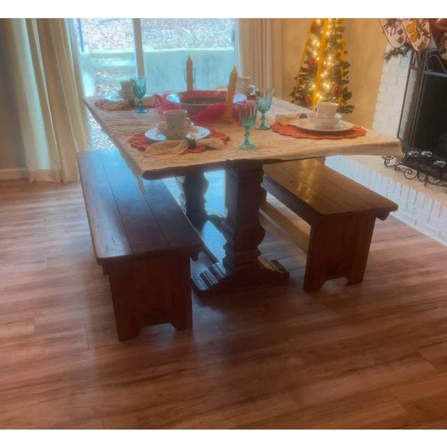 Farmhouse Solid Wood Table and Benches - Set of 3 | Chairish
