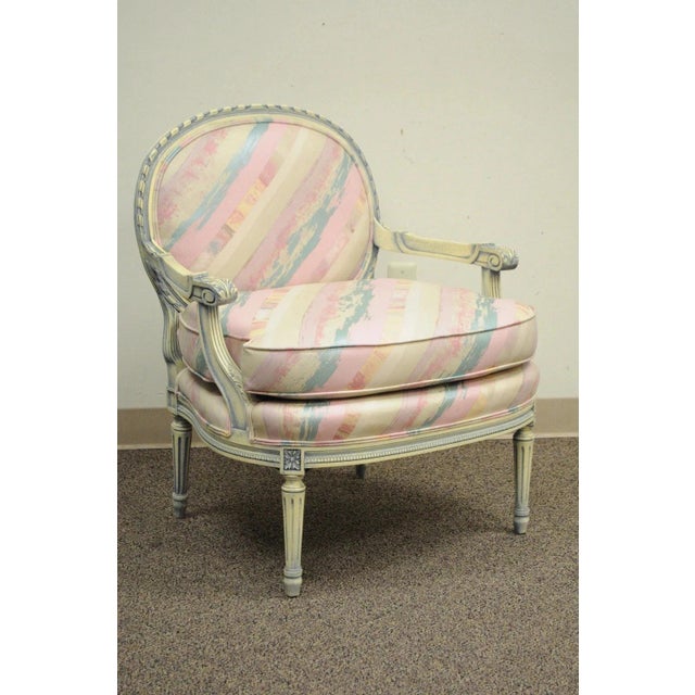 Vintage French Louis XVI Pink Blue Carved Bergere Boudoir Lounge Arm Chair For Sale - Image 12 of 12