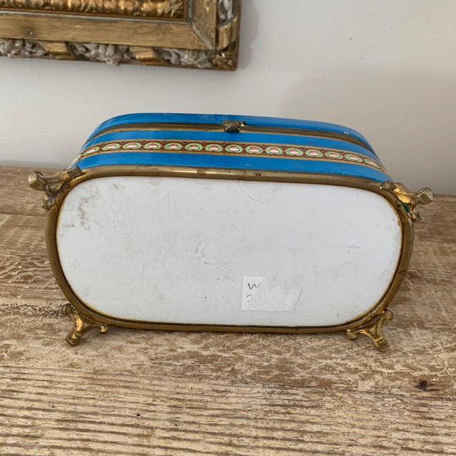 Antique French Large Handpainted Turquoise and Pink Porcelain Dresser Box For Sale - Image 9 of 12