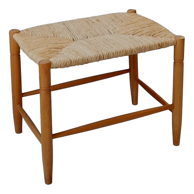 Rectangular Wooden Stool with Rush Seat, 1970s For Sale