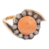 Antique Victorian Ring Coral Rose Cut Diamond 14 Karat Yellow Gold Jewellery size 7 For Sale