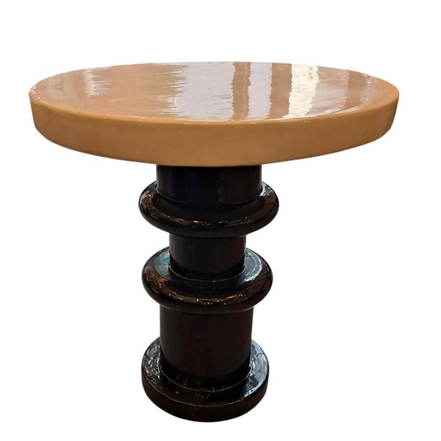 Pair of Italian ceramic side tables, postmodernist design style from the 1980s. Each table is a single piece of glazed...