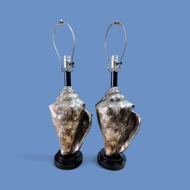 Nautical 1980s Pair of Vintage, Coastal Metallic Conch Shell Table Lamps For Sale - Image 3 of 12