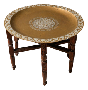 Antique Hand-Crafted Brass and Hardwood Occasional Tea Table, 1890s, Set of 2