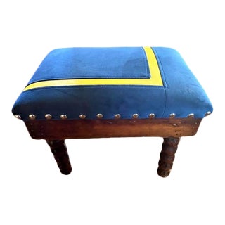 19th Century Footstool With New Blue Velvet Upholstery For Sale