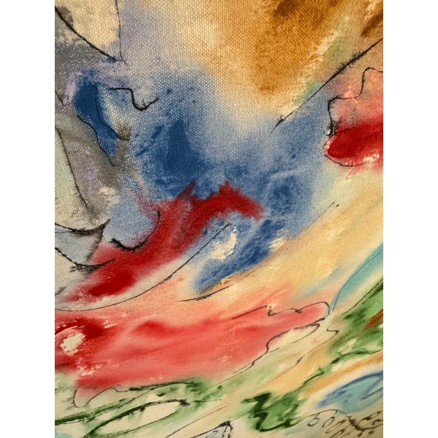 Large‑scale abstract floral still life painting featuring expressive line work and soft, layered washes of blue, aqua,...