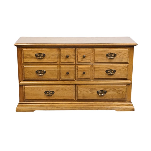 French Country Broyhill Premier Early American Country Style Solid Oak 54" Double Dresser 6510-21 For Sale - Image 3 of 13