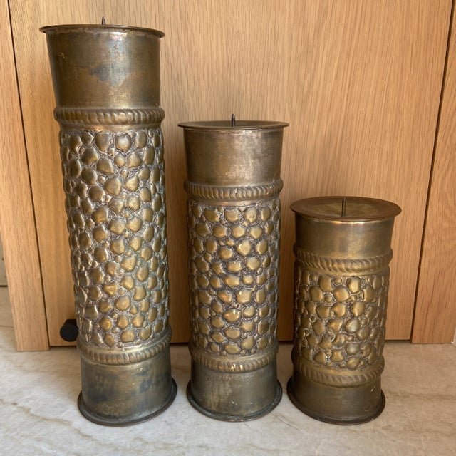 Vintage Trio Trench Art Candle Holders Signed For Sale - Image 4 of 10