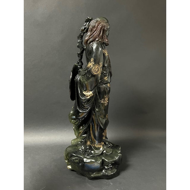 Chinese Art Large Carved Dark Green Soapstone Bodhidharma Statue For Sale In New York - Image 6 of 13