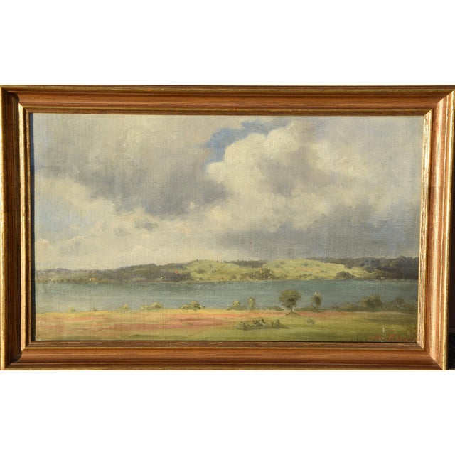 Max Schwab 19th century "On Lake Ammersee. View from Schondorf to the eastern shore near Breitbrunn" Signed lower right,...