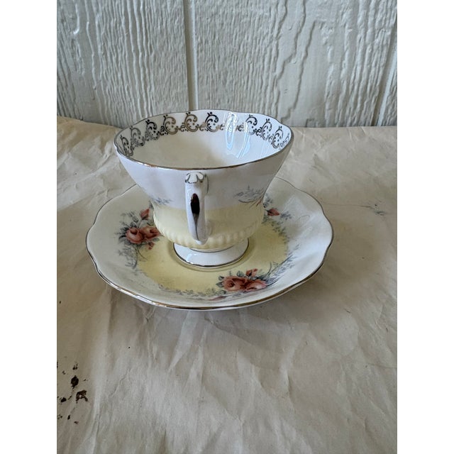 Ceramic Vintage Royal Albert Moonglow Teacup and Saucer, Rose Marie Series, English Bone China, Pink Roses & Yellow Gold Trim For Sale - Image 7 of 7
