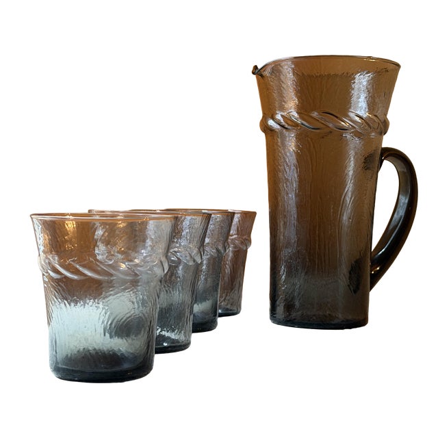 Mid-Century Modern Smoky Grey Woodgrain Bark Glass Pitcher and Tumbler Set, 1970, Set of 5 For Sale