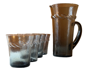 Mid-Century Modern Smoky Grey Woodgrain Bark Glass Pitcher and Tumbler Set, 1970, Set of 5