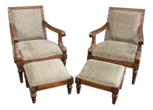 Louis XV Style Carved and Upholstered Open Armchairs W/ Ottomans - 2 Sets