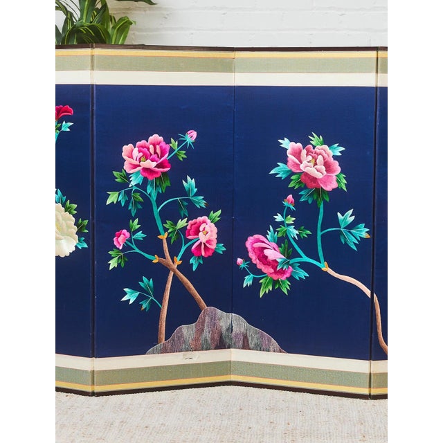 Asian Korean Asian Large 8-Panel Silk Embroidered Peacock Bird Butterfly Screen, 1900s For Sale - Image 3 of 5